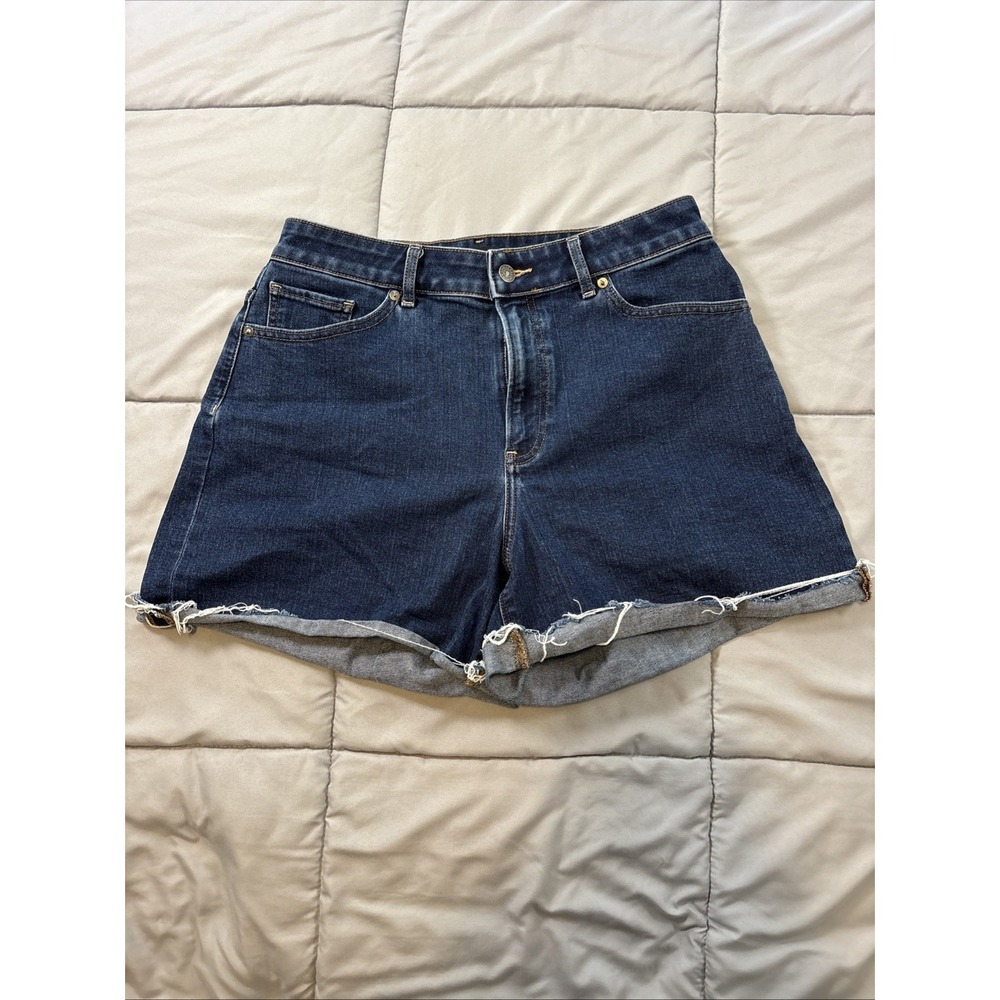 Express Jeans Womens Sz 12 Dark Wash Frayed/Rolled Denim Shorts Stretch Mid Rise